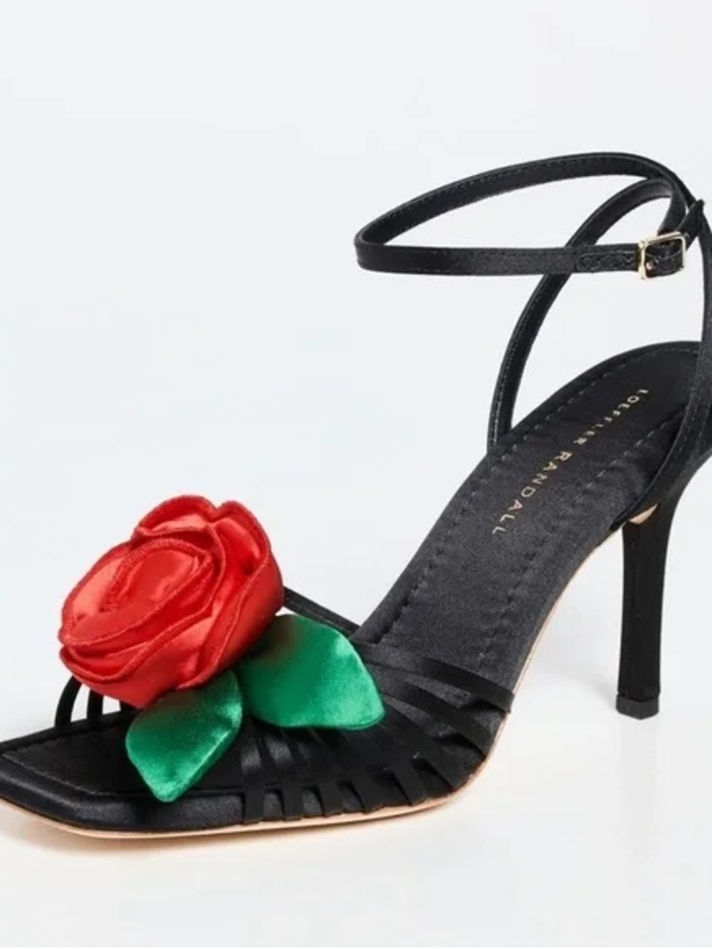 Loeffler Randall black satin red flower high heel sandals size 7